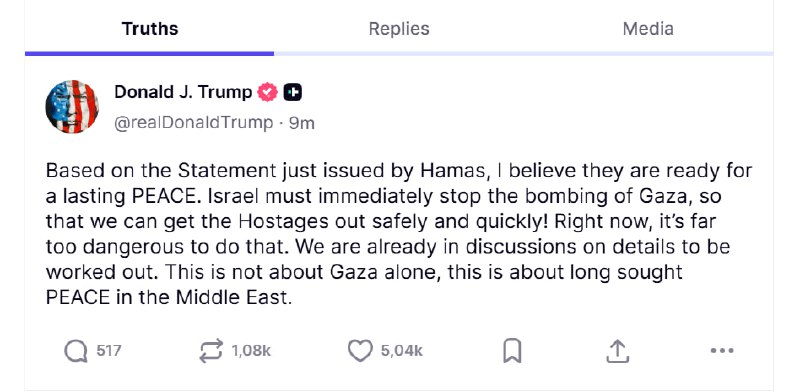 TRUMP: “HAMAS È PRONTO PER UNA PACE DURATURA. ISRAELE CESSI IMMEDIATAMENTE DI B…