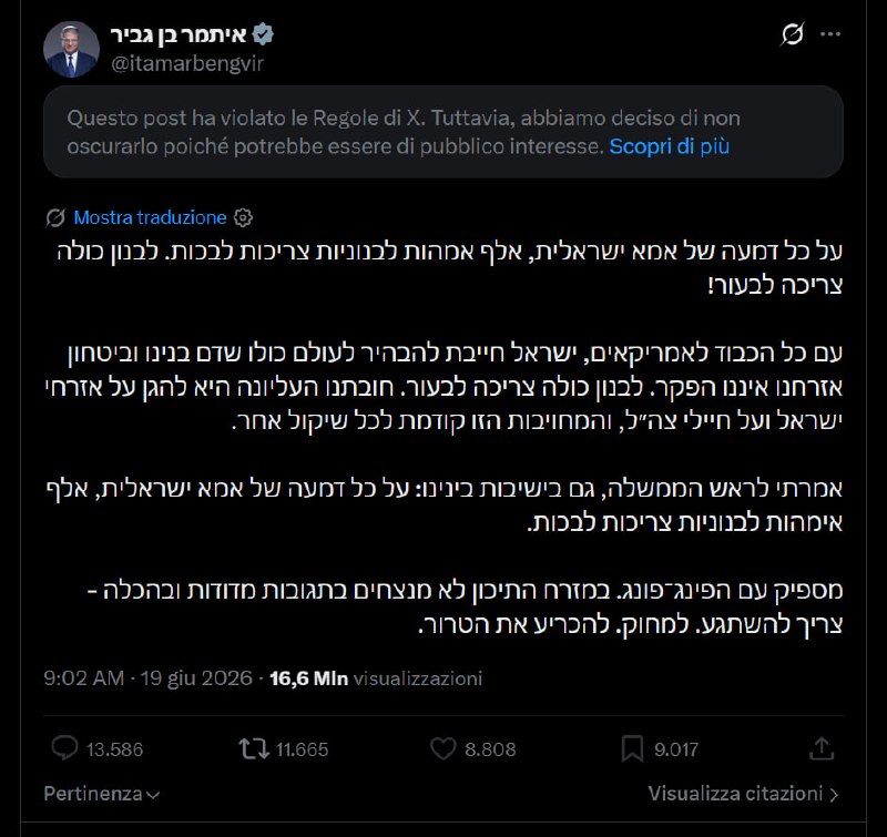 X “CENSURA” UN POST DI BEN GVIR