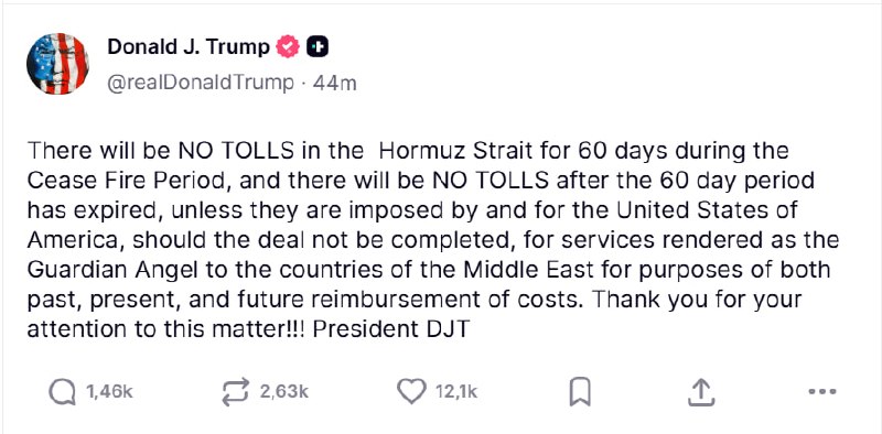 TRUMP: “NON CI SARANNO PEDAGGI NELLO STRETTO DI HORMUZ”