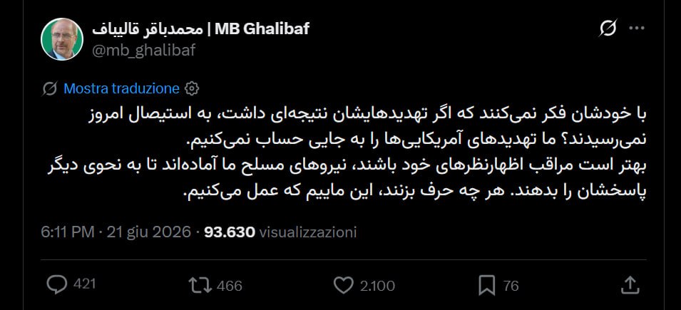 GHALIBAF RISPONDE ALLE MINACCE DI TRUMP