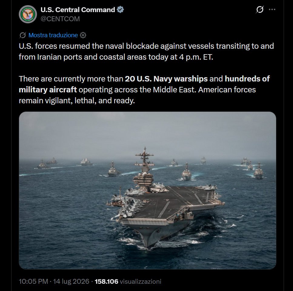 IL CENTCOM DICE CHE GLI USA HANNO RIPRESO IL BLOCCO NAVALE DEI PORTI IRANIANI