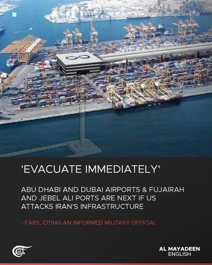 IRAN AVVERTE: “EVACUATE AEROPORTI E PORTI NEGLI EMIRATI SE GLI USA ATTACCHERANNO LE NOSTRE INFRASTRFUTTURE” IRAN AVVERTE: “EVACUATE AEROPORTI E PORTI NEGLI EMIRATI SE GLI USA ATTACCHERANNO LE NOSTRE INFRASTRFUTTURE”
