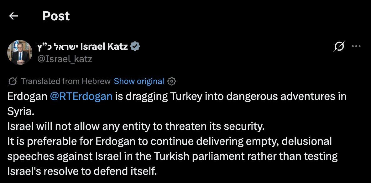 IL MINISTRO DELLA DIFESA ISRAELIANO AMMONISCE ERDOGAN SULLA SIRIA