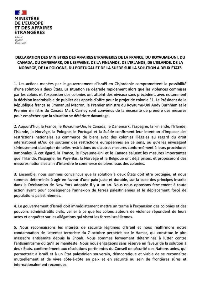DODICI PAESI DICHIARANO CONGIUNTAMENTE IL LORO SOSTEGNO ALLE MISURE EUROPEE CONTRO GLI INSEDIAMENTI IN CISGIORDANIA