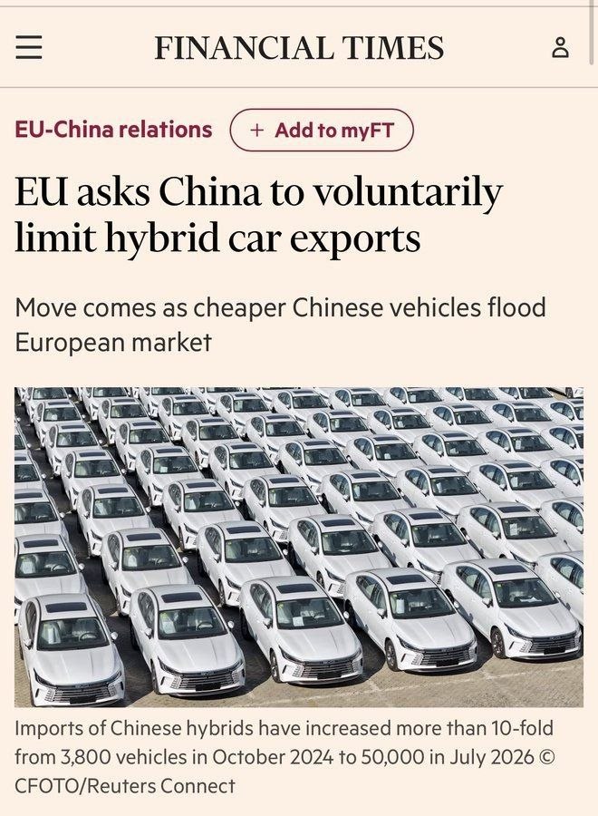 L’UE CHIEDE ALLA CINA DI LIMITARE VOLONTARIAMENTE L’ESPORTAZIONE DI AUTOMOBILI IBRIDE