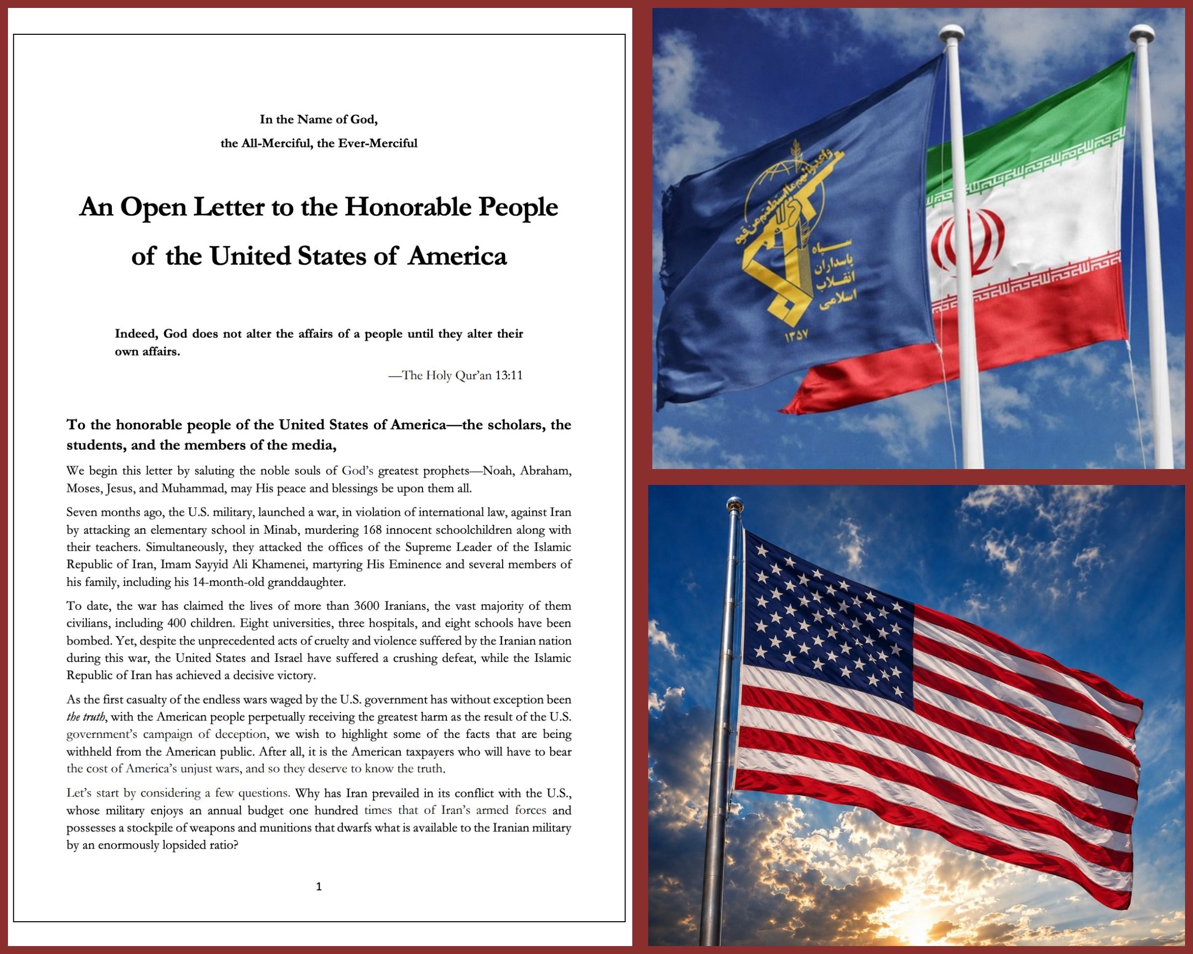 IRAN. L’IRGC PUBBLICA UNA LETTERA RIVOLTA AL POPOLO AMERICANO